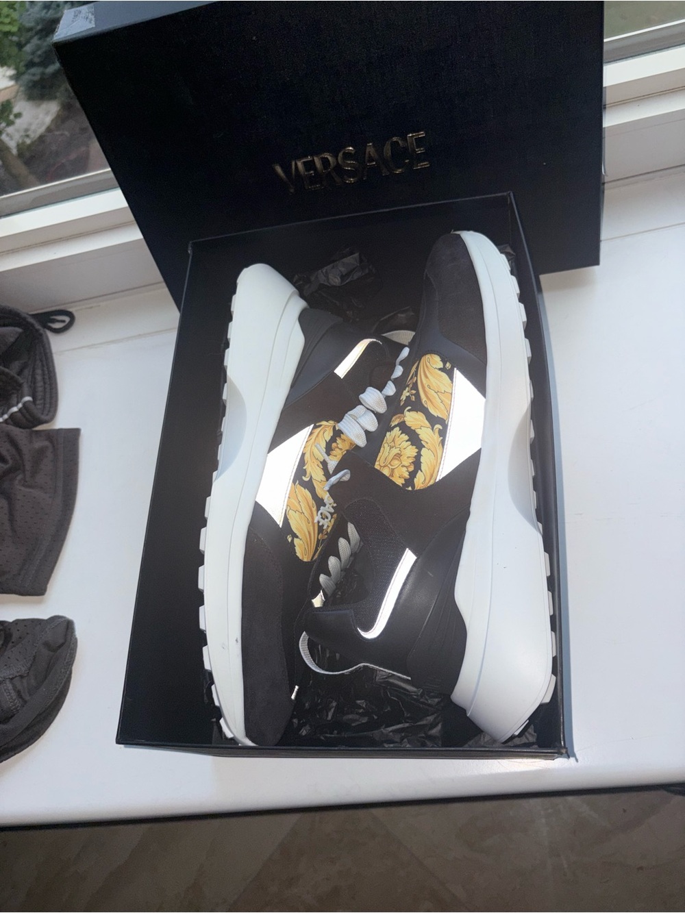 BNIB -Versace Black Sneakers with Gold Baroque Panels- size 13